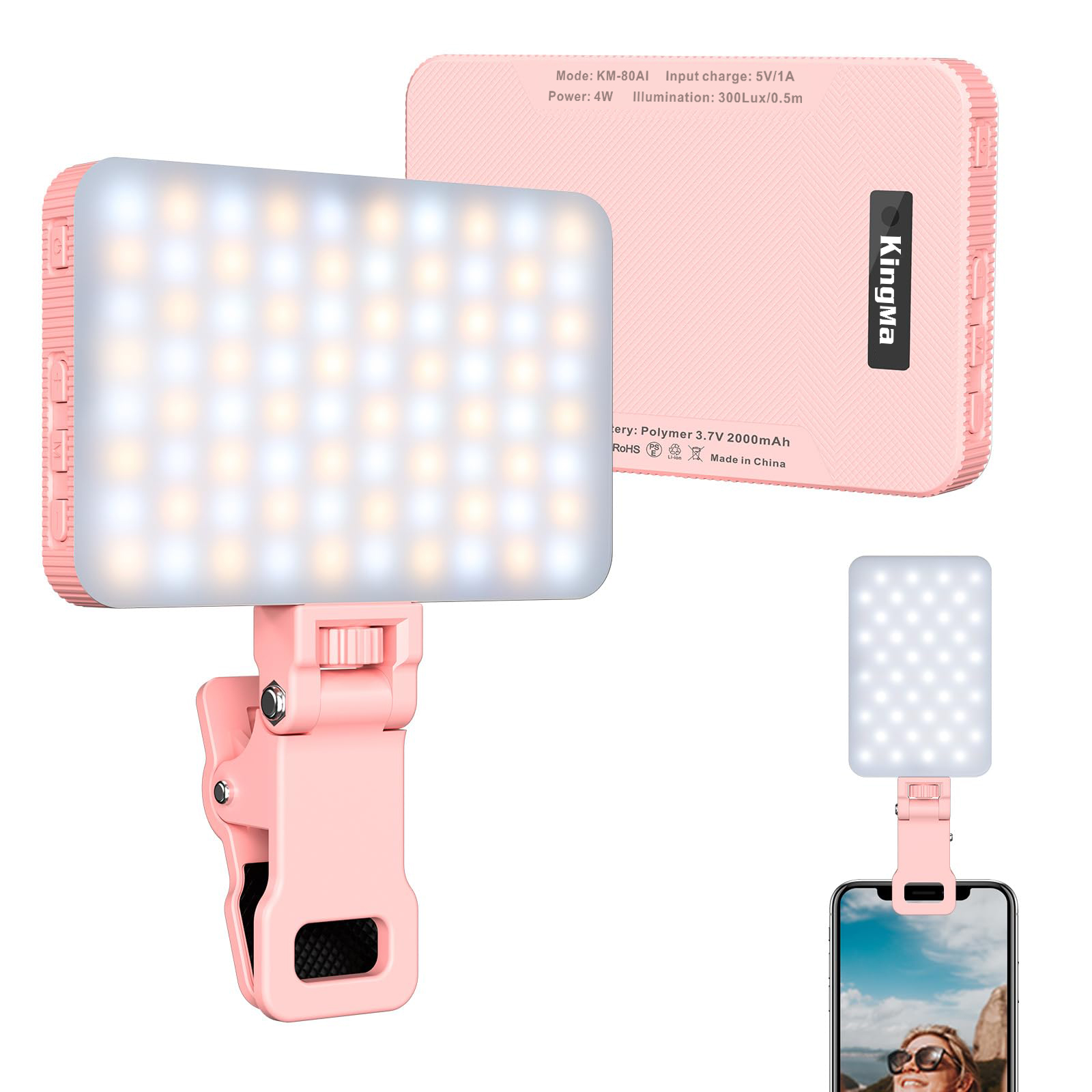 Photography Lighting Portable - King Ma เซลฟี่แบบชาร์จไฟได้สีชมพูแบบคลิปบนแฟลชวิดีโอสำหรับโทรศัพท์/แล็ปท็อป/สำหรับเซลฟี่/แต่งหน้า/วิดีโอประชุม/TikTok