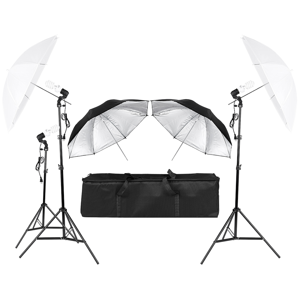 Photography Lighting Umbrella - ชุดไฟสตูดิโอถ่ายภาพและวิดีโอแบบต่อเนื่อง 3*45W พร้อมร่มไฟสำหรับถ่ายภาพบุคคล แสงเดย์ไลท์